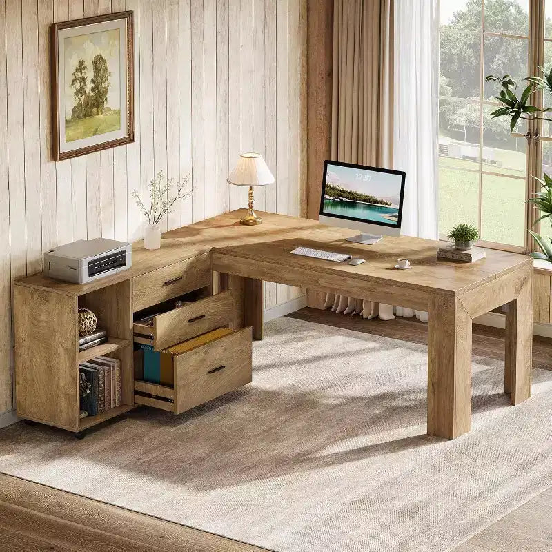 Escritorio ejecutivo en forma de L de 63 con archivador lateral móvil a juego, mesa grande para computadora con cajones para oficina en casa