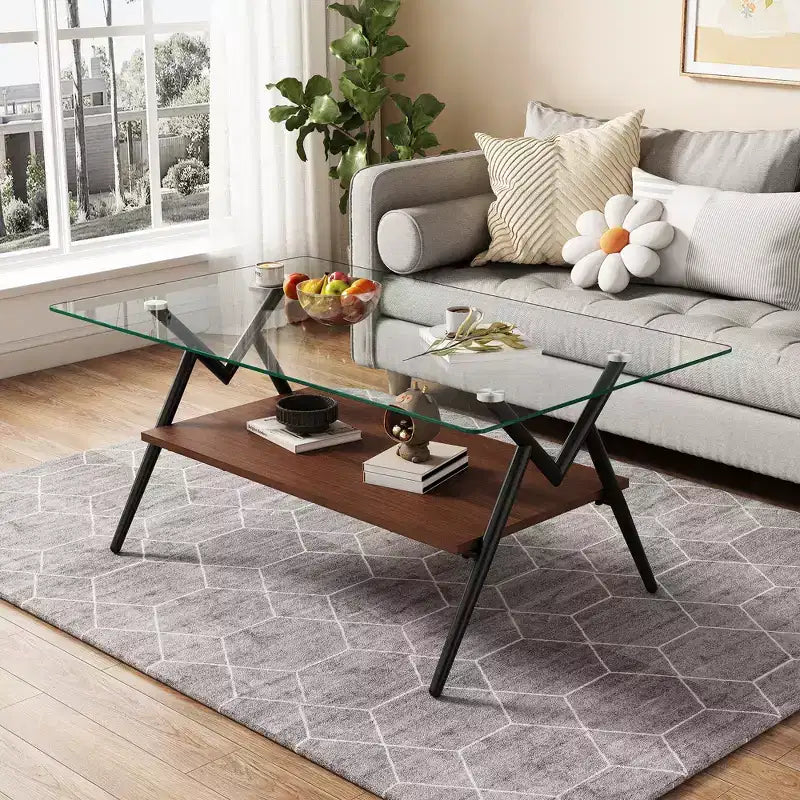 Table basse rectangulaire de 38 pouces avec plateau en verre trempé et pieds en métal noir. Style moderne, idéale pour le salon. Verre transparent