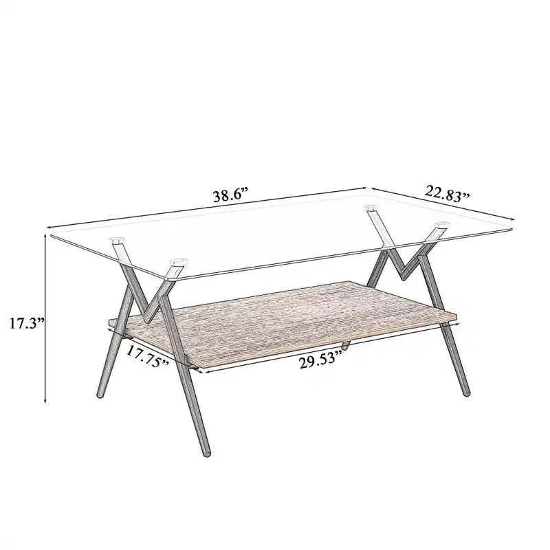 Table basse rectangulaire de 38 pouces avec plateau en verre trempé et pieds en métal noir. Style moderne, idéale pour le salon. Verre transparent