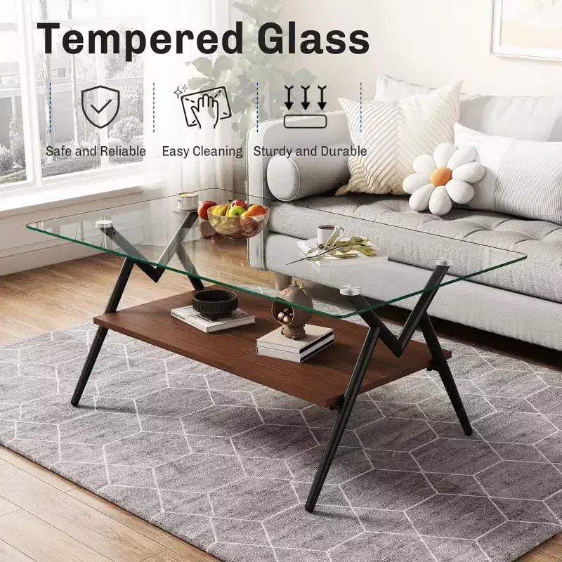 38-Zoll rechteckiger Couchtisch mit Tischplatte aus gehärtetem Glas und schwarzen Metallbeinen. Moderner Stil, geeignet für Wohnzimmer. Klarglas
