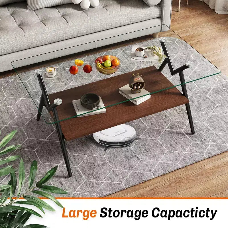38-Zoll rechteckiger Couchtisch mit Tischplatte aus gehärtetem Glas und schwarzen Metallbeinen. Moderner Stil, geeignet für Wohnzimmer. Klarglas