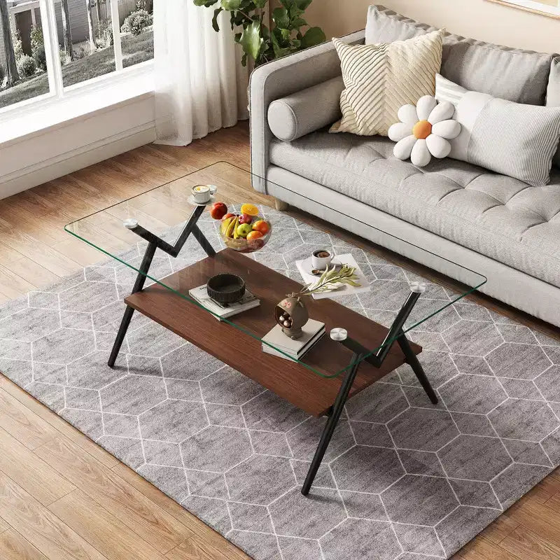 38-Zoll rechteckiger Couchtisch mit Tischplatte aus gehärtetem Glas und schwarzen Metallbeinen. Moderner Stil, geeignet für Wohnzimmer. Klarglas