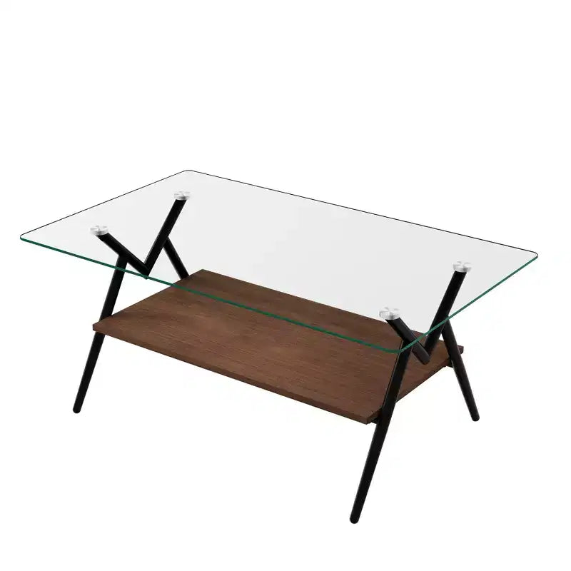 38-Zoll rechteckiger Couchtisch mit Tischplatte aus gehärtetem Glas und schwarzen Metallbeinen. Moderner Stil, geeignet für Wohnzimmer. Klarglas