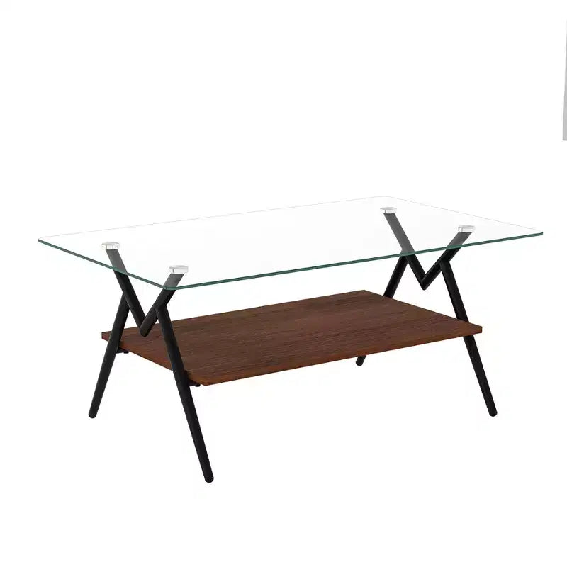 38-Zoll rechteckiger Couchtisch mit Tischplatte aus gehärtetem Glas und schwarzen Metallbeinen. Moderner Stil, geeignet für Wohnzimmer. Klarglas