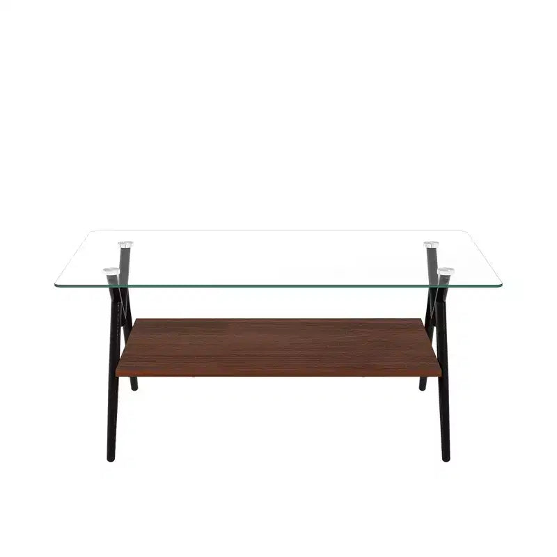 38-Zoll rechteckiger Couchtisch mit Tischplatte aus gehärtetem Glas und schwarzen Metallbeinen. Moderner Stil, geeignet für Wohnzimmer. Klarglas
