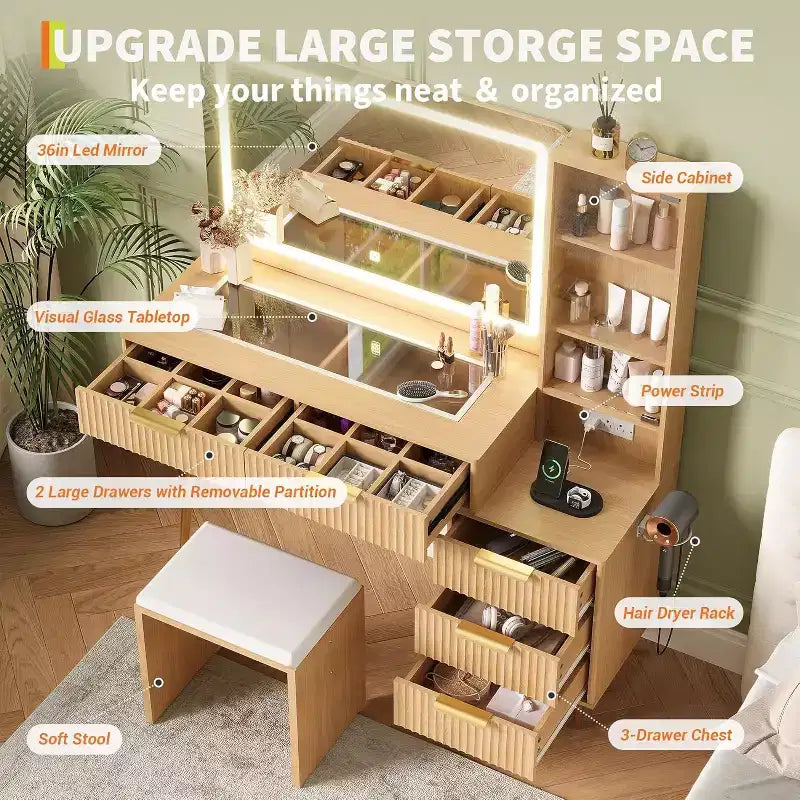 48 Schminktisch mit Spiegel und Beleuchtung, geriffelter Schminktisch aus Holz mit 4 Schubladen und Ladestation, Schminktisch-Set fürs Schlafzimmer, Schwarz