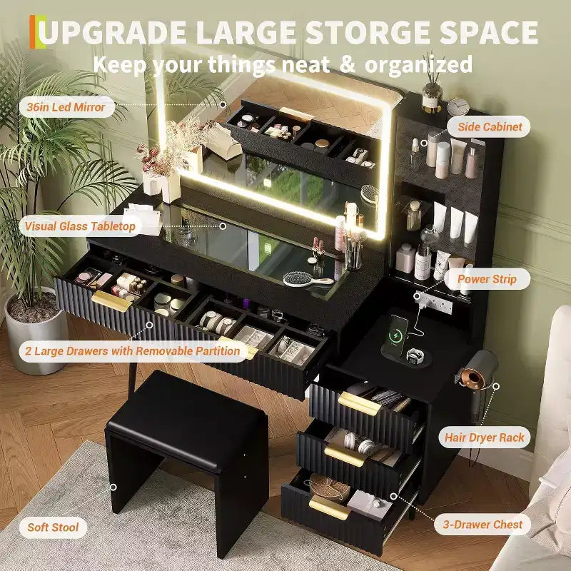 48 Schminktisch mit Spiegel und Beleuchtung, geriffelter Schminktisch aus Holz mit 4 Schubladen und Ladestation, Schminktisch-Set fürs Schlafzimmer, Schwarz