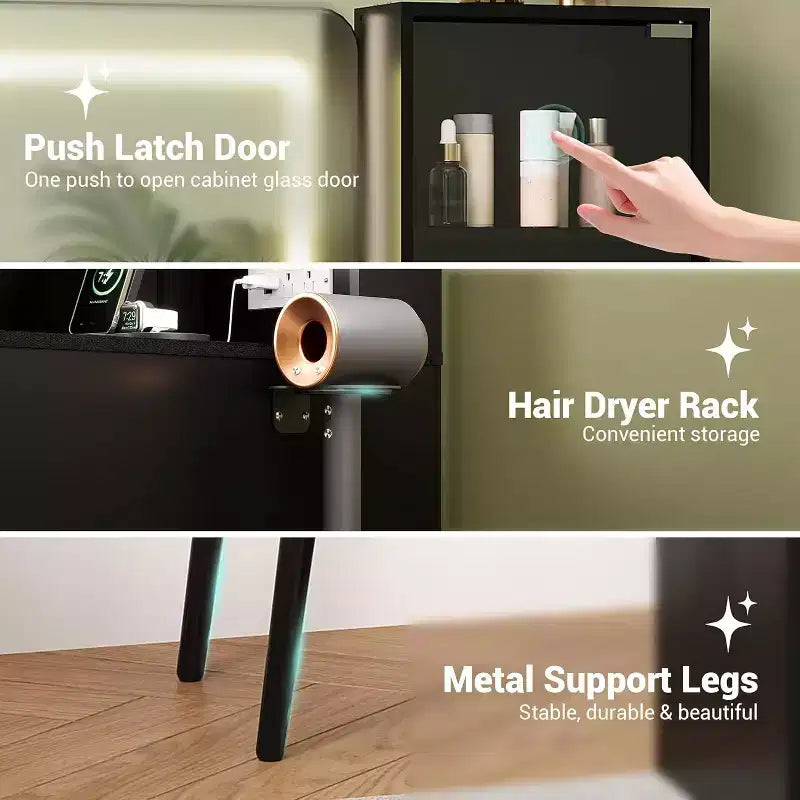 48 Schminktisch mit Spiegel und Beleuchtung, geriffelter Schminktisch aus Holz mit 4 Schubladen und Ladestation, Schminktisch-Set fürs Schlafzimmer, Schwarz