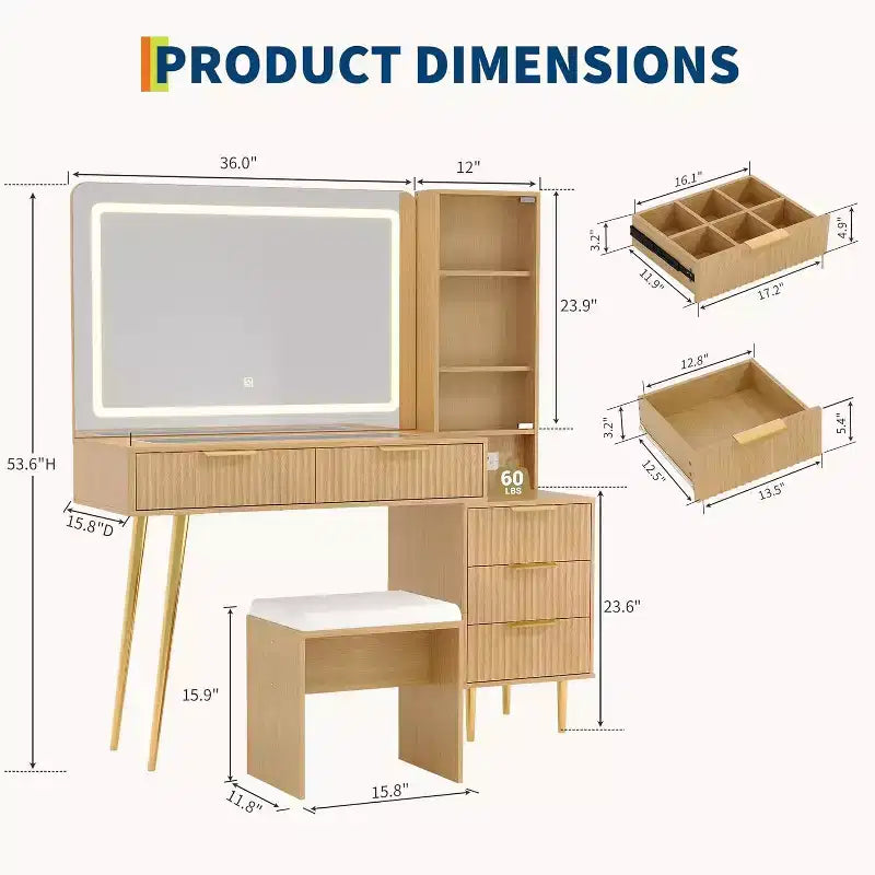 48 Schminktisch mit Spiegel und Beleuchtung, geriffelter Schminktisch aus Holz mit 4 Schubladen und Ladestation, Schminktisch-Set fürs Schlafzimmer, Schwarz