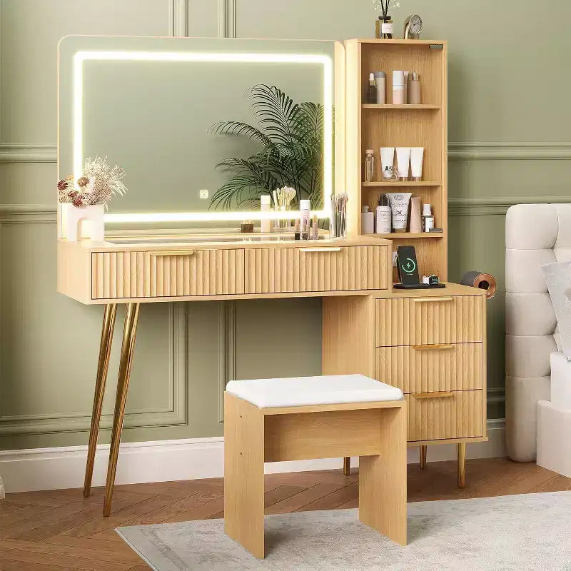 Coiffeuse de maquillage de 48 pouces avec miroir et éclairage, coiffeuse en bois cannelé avec 4 tiroirs et station de recharge, ensemble de coiffeuse pour chambre, noir