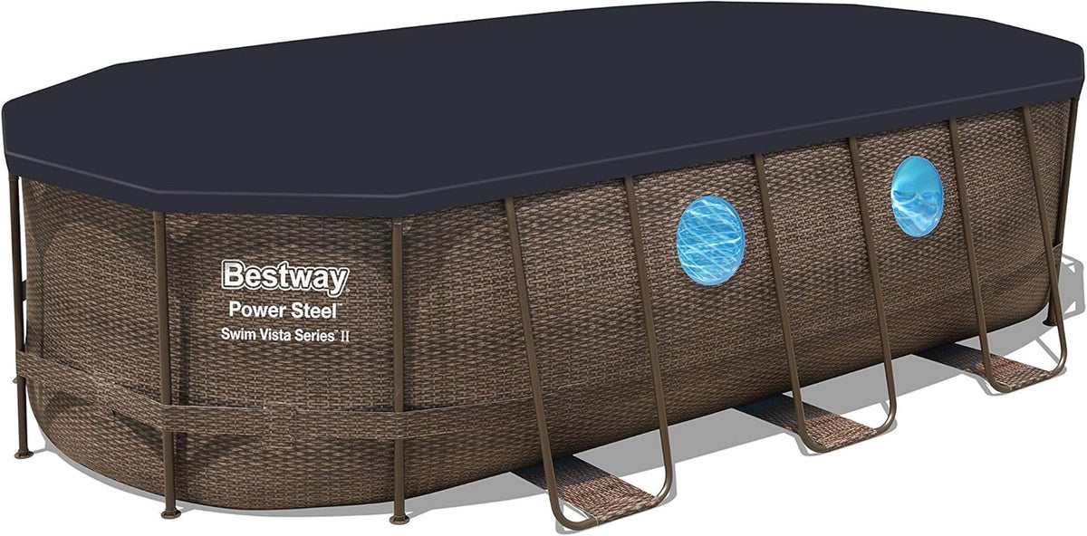 Bestway 56946 Piscine Power Steel? Swim Vista ovale 488 x 305 x 107 cm motif rotin avec hublots, filtration à sable, échelle, bache et diffuseur Chemconnect?